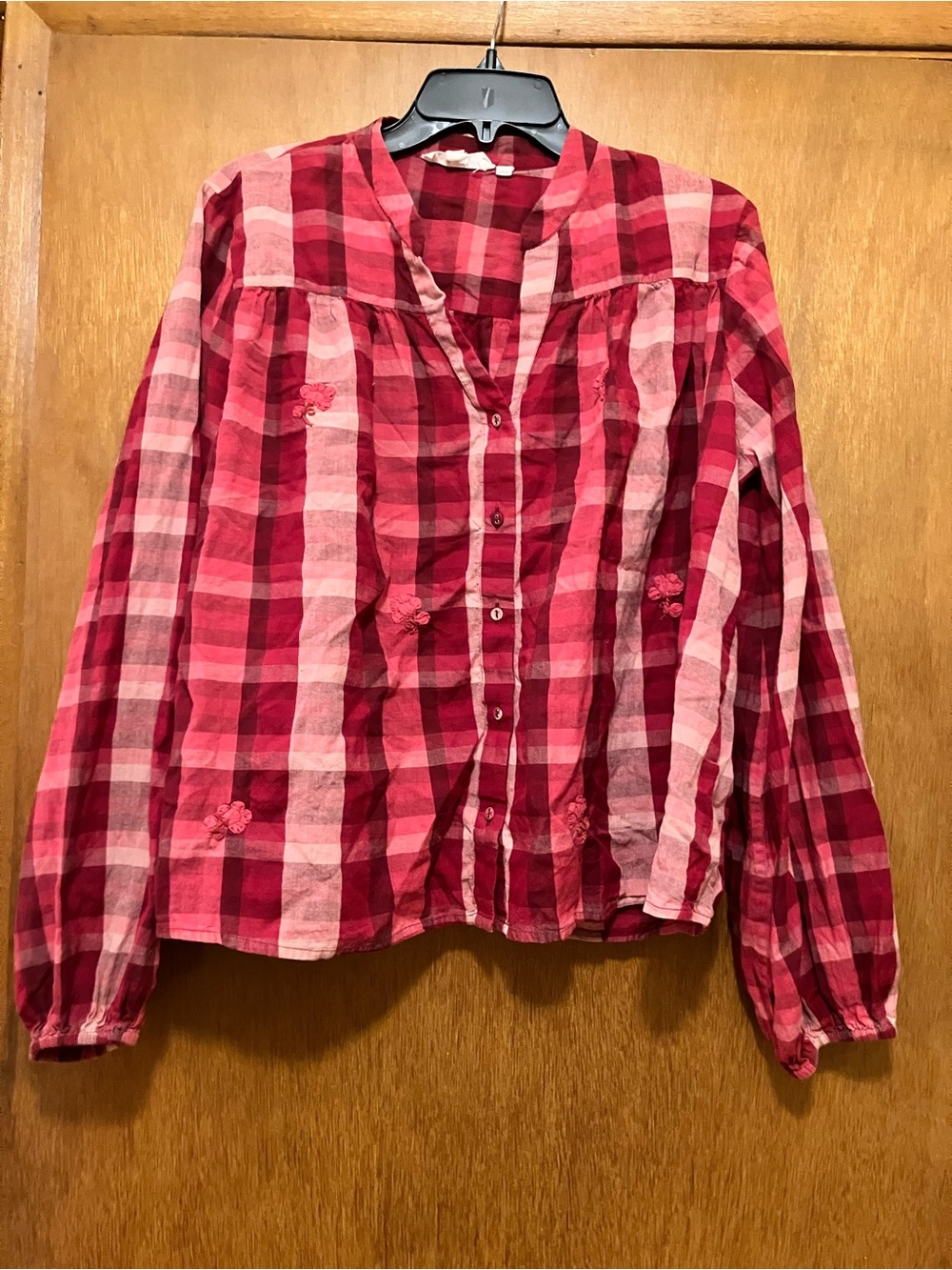 Forever That Girl Women’s Red & Pink Plaid Button-Up Blouse Sz 10 Anthropologie